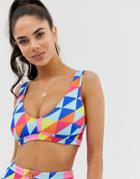 Asos Design Fuller Bust Exclusive Zip Detail Crop Bikini Top In Graphic Print Dd-g - Multi