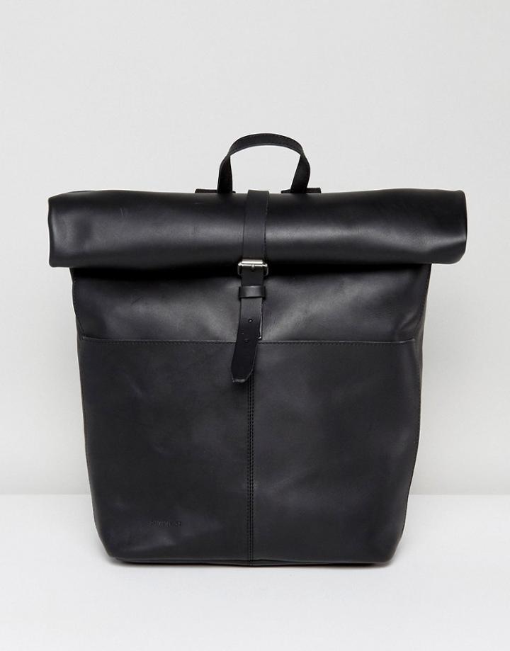 Sandqvist Antonia Black Leather Roll Top Backpack - Black