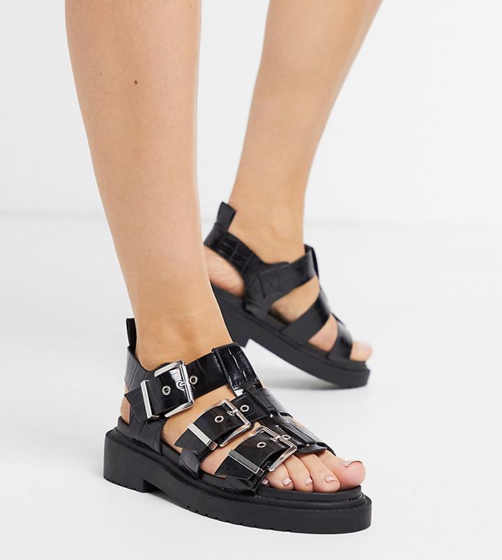 Asos Design Wide Fit Fallon Chunky Buckle Flat Sandal In Black