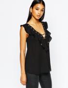 Lipsy Lace Up Frill Top With Eyelets - Black