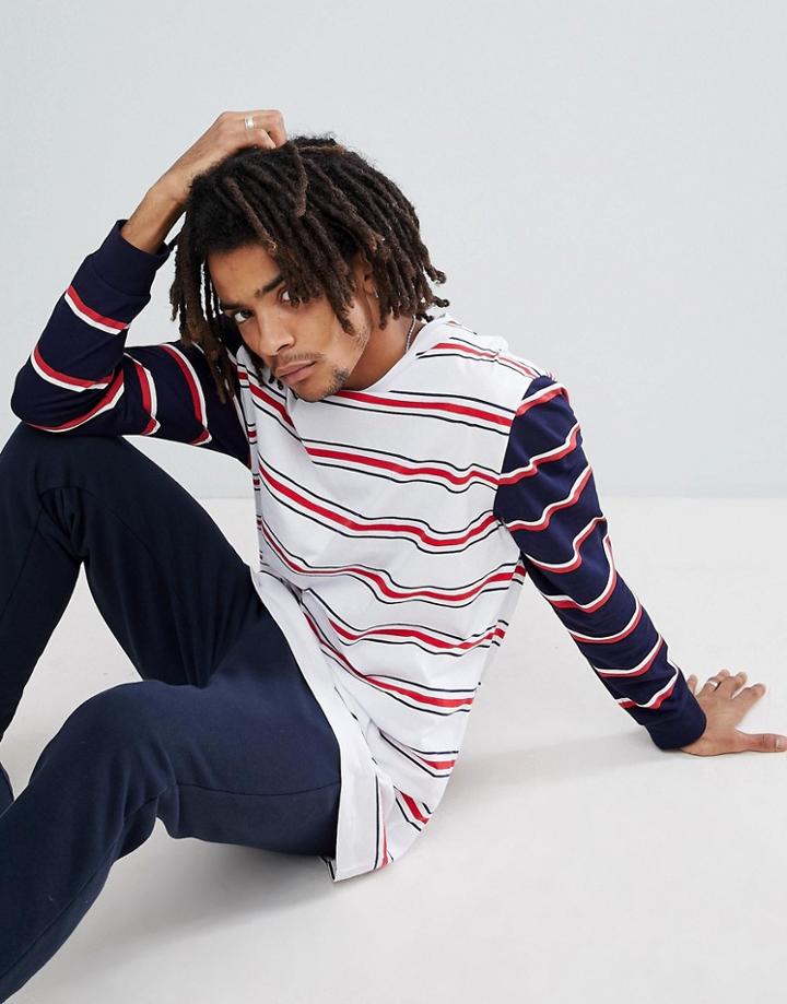 Asos Longline Stripe Long Sleeve T-shirt With Contrast Sleeves - White
