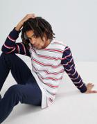 Asos Longline Stripe Long Sleeve T-shirt With Contrast Sleeves - White