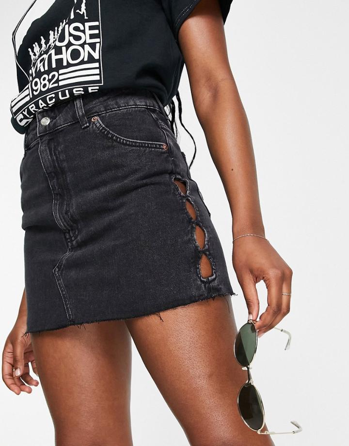 Topshop Key-hole Denim Skirt In Washed Black