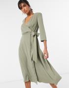 Asos Design Wrap Front Midi Dress With Shoulder Pad In Soft Khaki-green