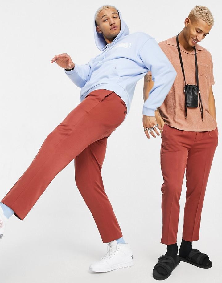 Asos Design Tapered Smart Pants With Double Button Waist In Rust-brown