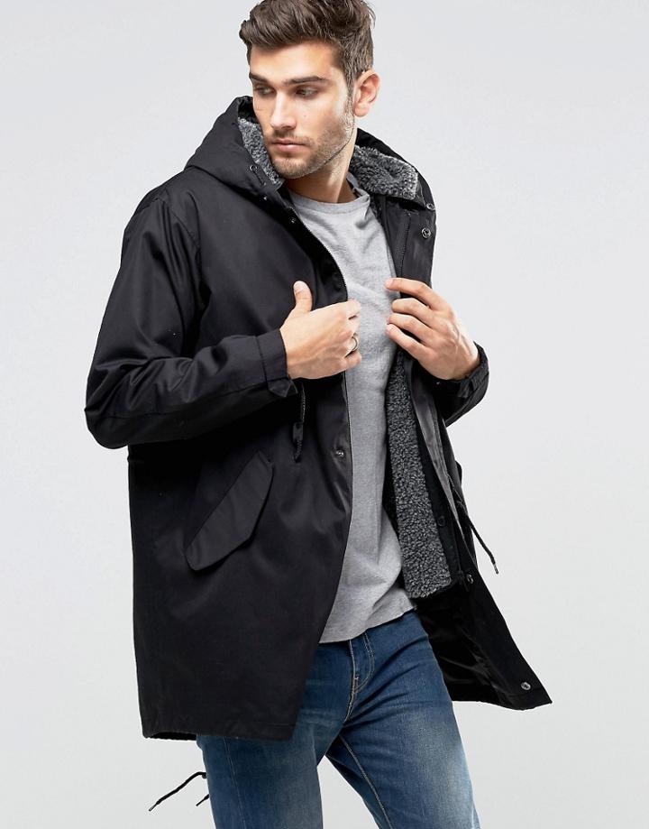 Asos Parka Jacket With Removable Fleece Lining In Black - Black