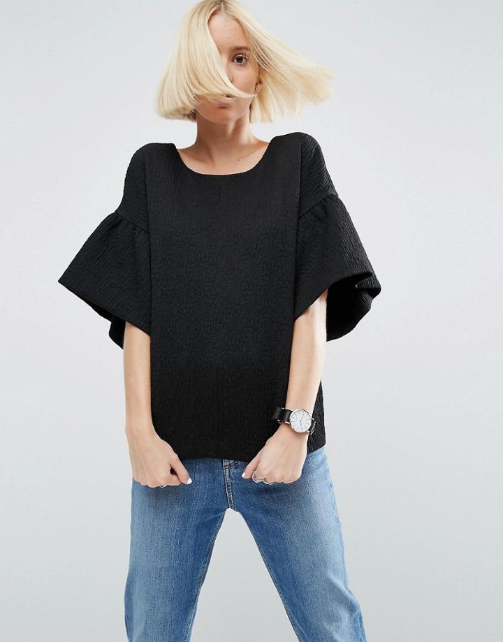 Asos White Reversible Textured Frill Sleeve Top - Black