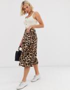 Pieces Leopard Print Midi Skirt - Brown
