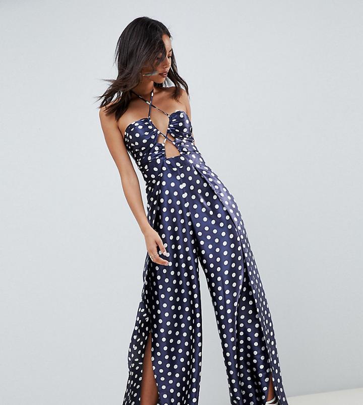 Asos Design Tall Jumpsuit With Cut Out Detail And Halterneck In Satin Polka Dot - Multi