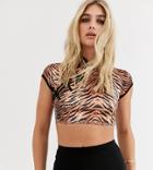 Motel Crop Top With Mandarin Collar In Tiger Satin-brown