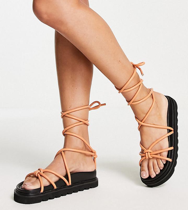 Topshop Wide Fit Poppie Tie Up Chunky Sandal In Peach-orange