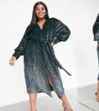 Asos Edition Curve Sequin Wrap Midi Dress In Forest Green