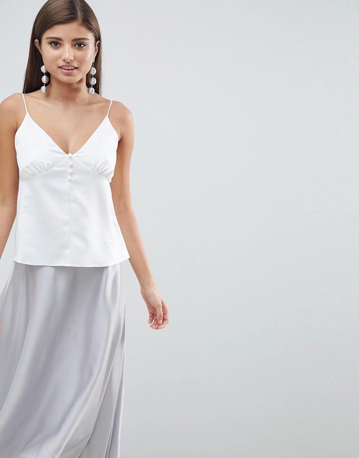 Asos Design Satin Cami With Button Up Detail - White