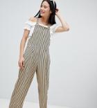 Monki Wide Leg Striped Overalls In Beige And Black - Beige