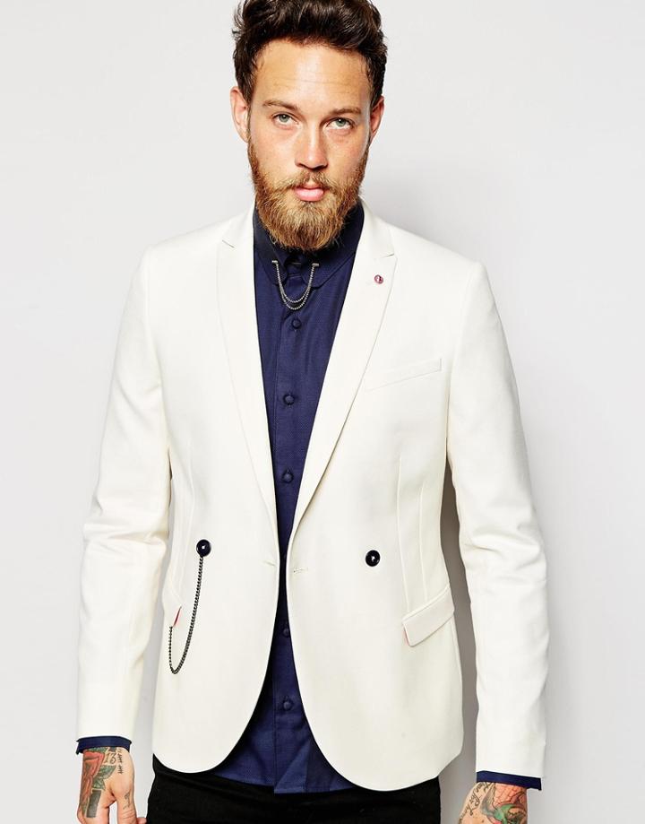 Noose & Monkey Double Breasted Blazer With Chain In Skinny Fit - White
