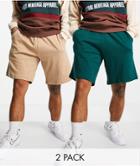 Asos Design Oversized Jersey Shorts 2 Pack In Green/beige-multi