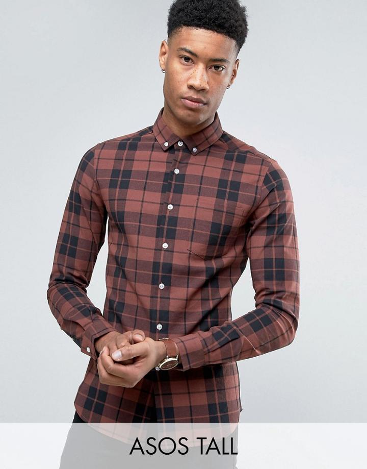 Asos Tall Skinny Check Shirt In Rust - Red