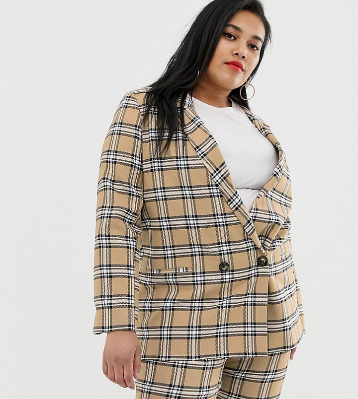 Asos Design Curve Brown Check Suit Blazer-multi