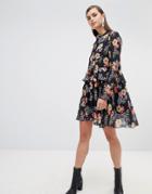 Unique 21 Print Long Sleeve Pussy Bow Dress-multi