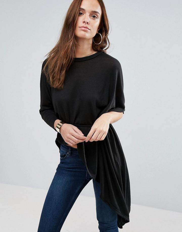 Wal G Tie Waist Asymmetric Sweater - Black