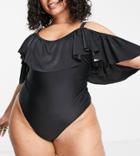 Peek & Beau Curve Exclusive Off Shoulder Frill Swimsuit In Black