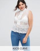 Asos Curve Top In Lace With Button Font And Peplum Hem - White