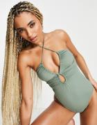 Asos Design Recycled Ruched Keyhole Front Swimsuit In Khaki-green