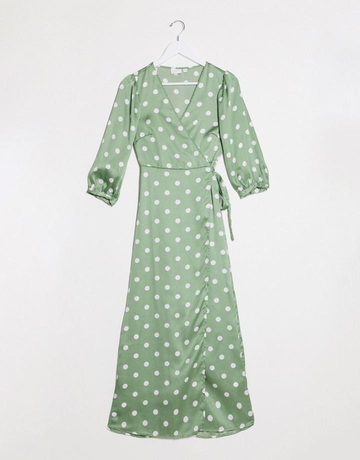 Vila Wrap Midi Dress With Polka Dot In Green