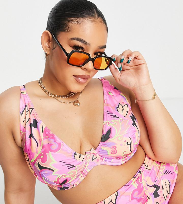 Asos Design Curve Mix And Match Step Front Underwire Bikini Top In Bold Floral Print-multi