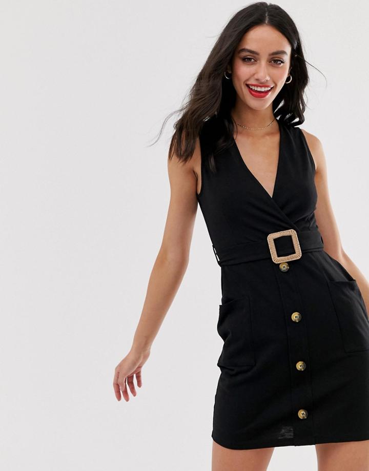 Asos Design Belted Mini Button Through Sundress - Black