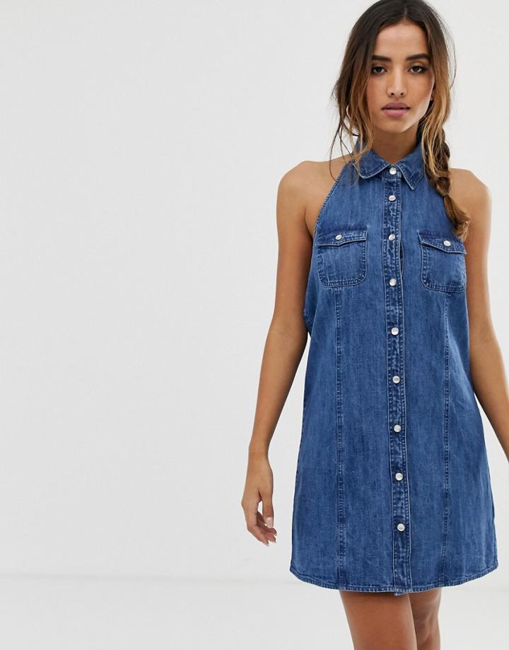 Asos Design Denim Sleeveless Shirt Dress In Midwash Blue