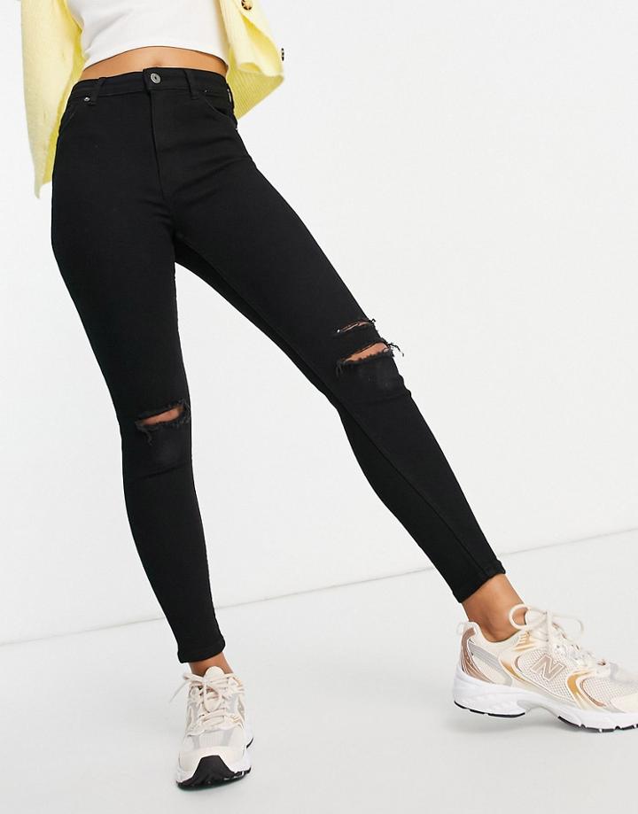 Bershka High Rise Skinny Jean With Knee Tears In Black