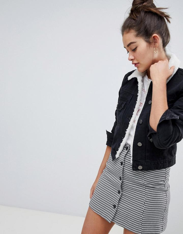 Asos Design Denim Shrunken Jacket With Fleece Collar In Washed Black - Black