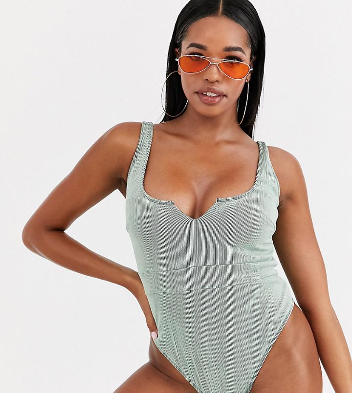 Wolf & Whistle Fuller Bust Exclusive V-cut Swimsuit In Metallic Mint Rib D-f