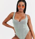 Wolf & Whistle Fuller Bust Exclusive V-cut Swimsuit In Metallic Mint Rib D-f