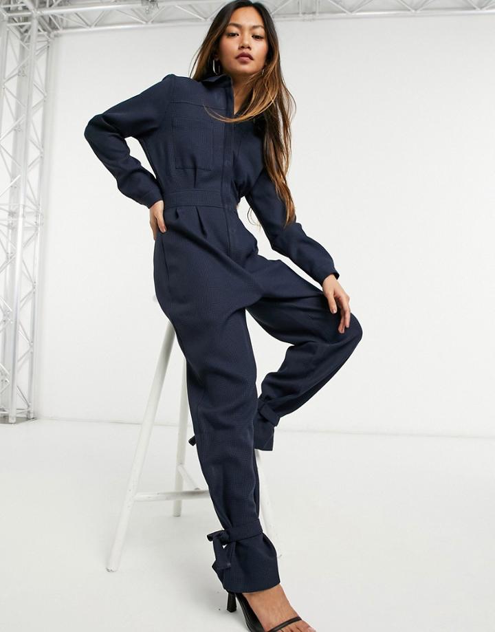 Asos Design Button Front Tie Ankle Jumpsuit In Self Navy Check-blues