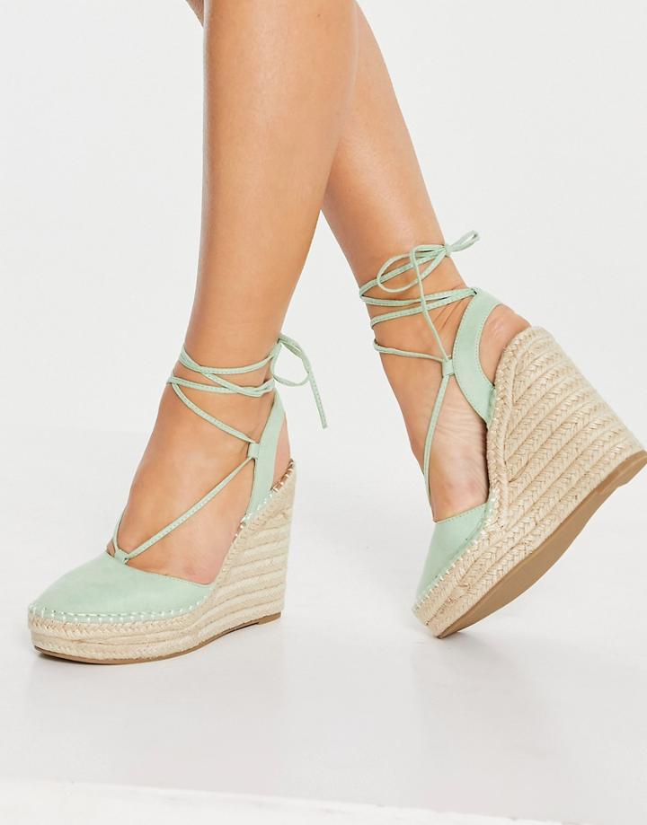Asos Design Tammy Tie Leg Espadrille Wedges In Sage Green