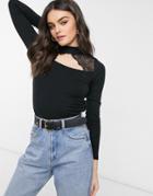 Vero Moda Ribbed Top With Lace Cut Out And High Neck In Black