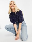 Miss Selfridge Short Sleeve Faux Pearl Cable Sweater In Navy