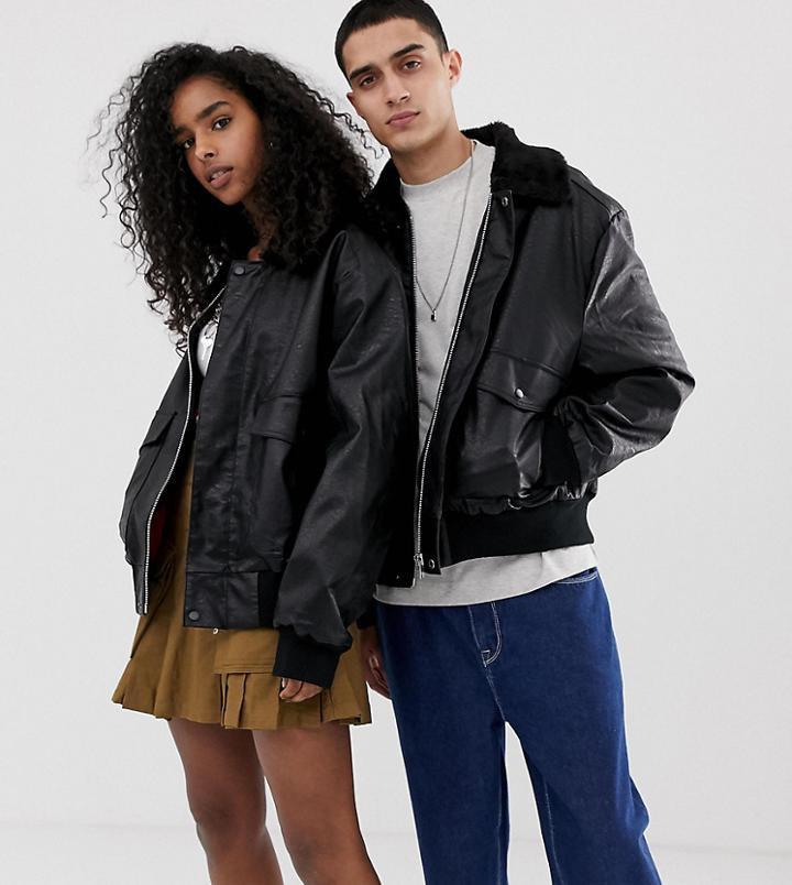 Collusion Unisex Faux Leather Bomber With Fleece Collar-black