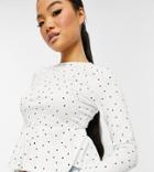 Asos Design Petite Fitted Peplum Top In Dot-white