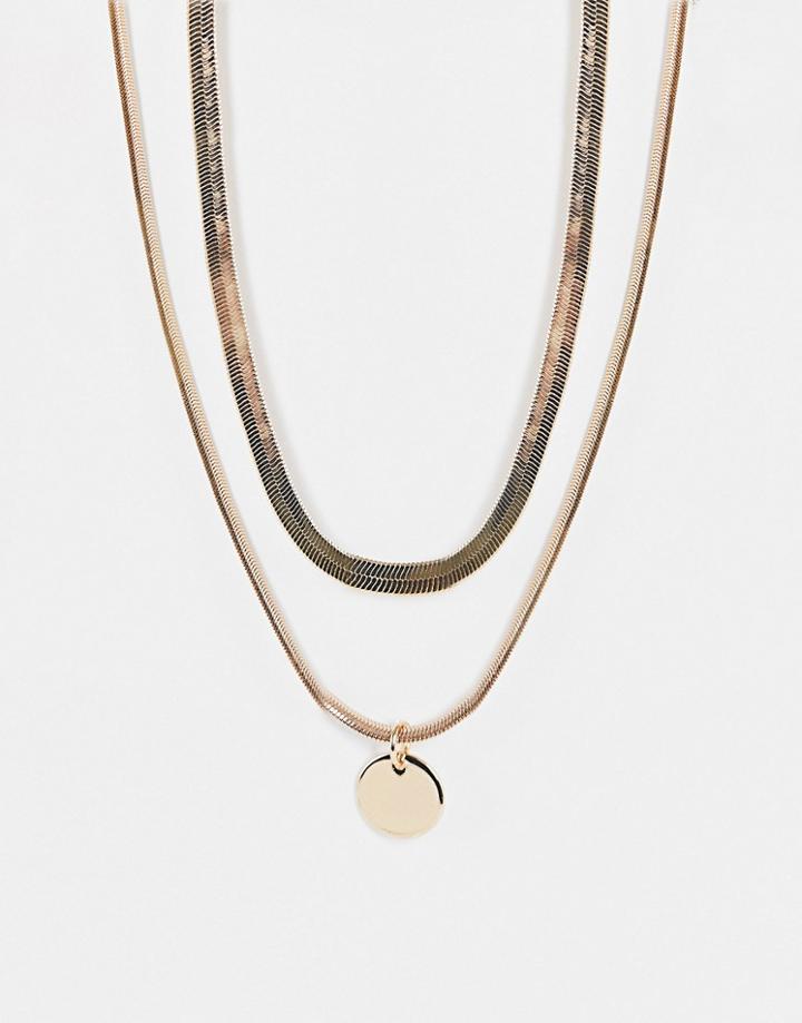 Asos Design Multirow Necklace With Disc Pendant In Gold Tone