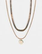Asos Design Multirow Necklace With Disc Pendant In Gold Tone