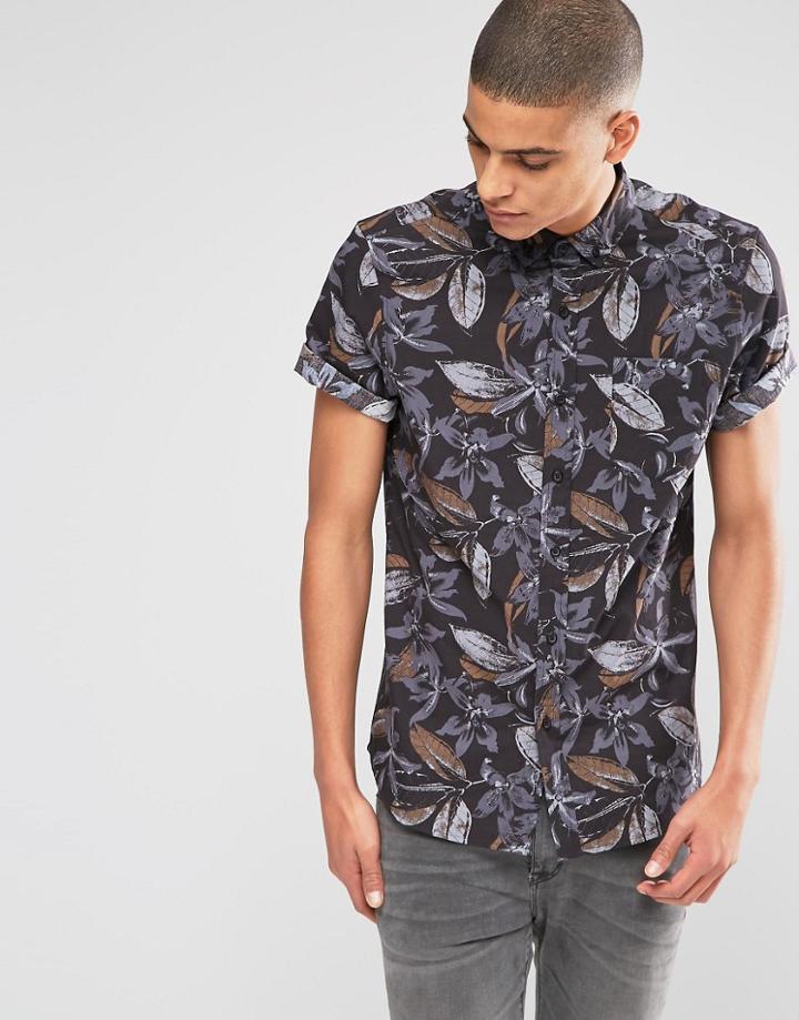 Asos Shirt With Floral Print In Short Sleeve In Regular Fit - Black