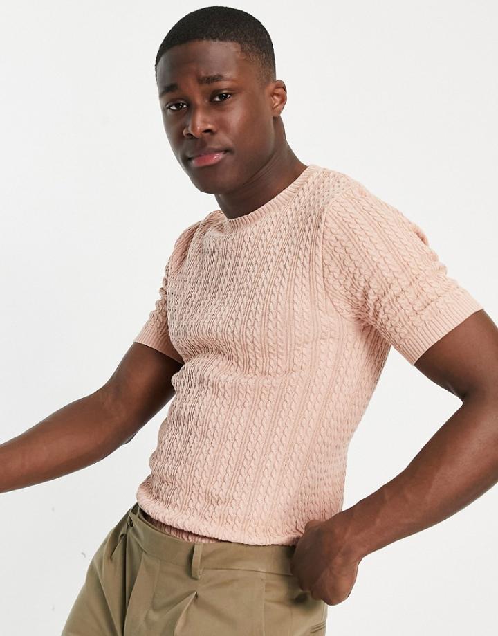 Asos Design Muscle Fit Cable Knit T-shirt In Pink