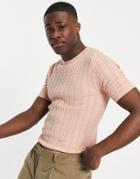 Asos Design Muscle Fit Cable Knit T-shirt In Pink