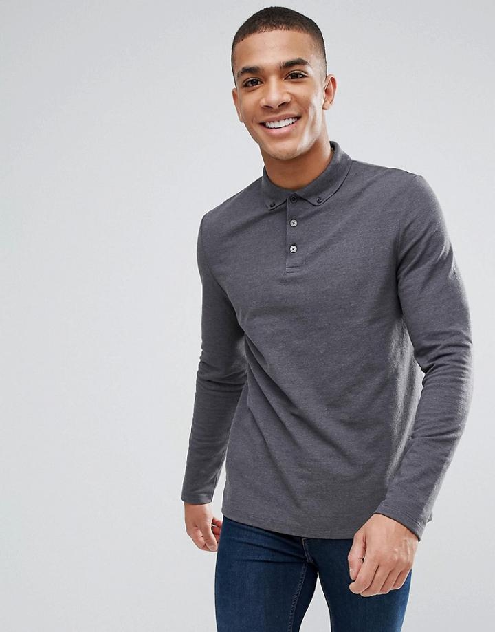 Asos Design Long Sleeve Pique Polo With Button Down Collar In Gray