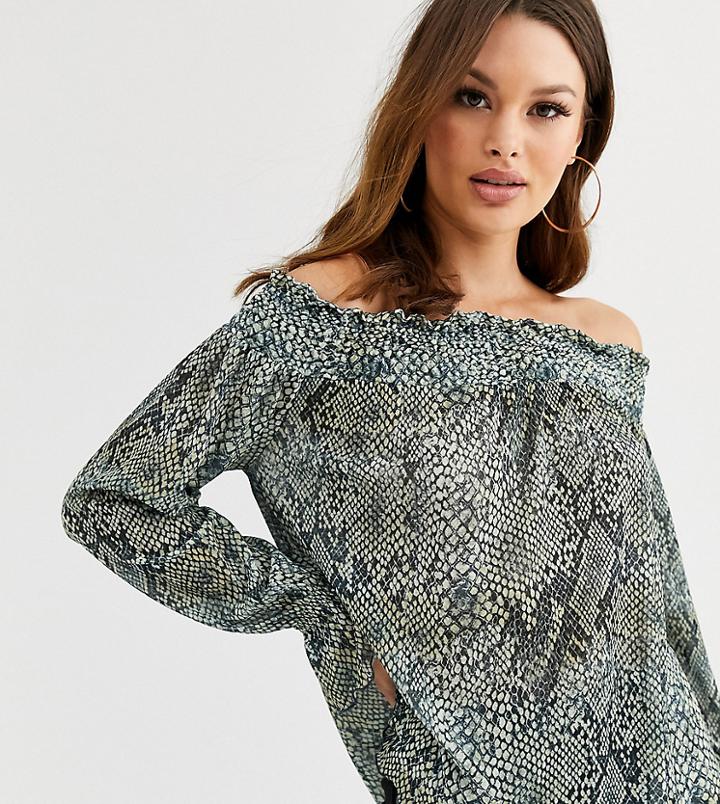 Asos Design Tall Shirred Bardot Top In Snake Print-black