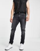 Asos Design Stretch Slim Jeans In Washed Black With Knee Rip