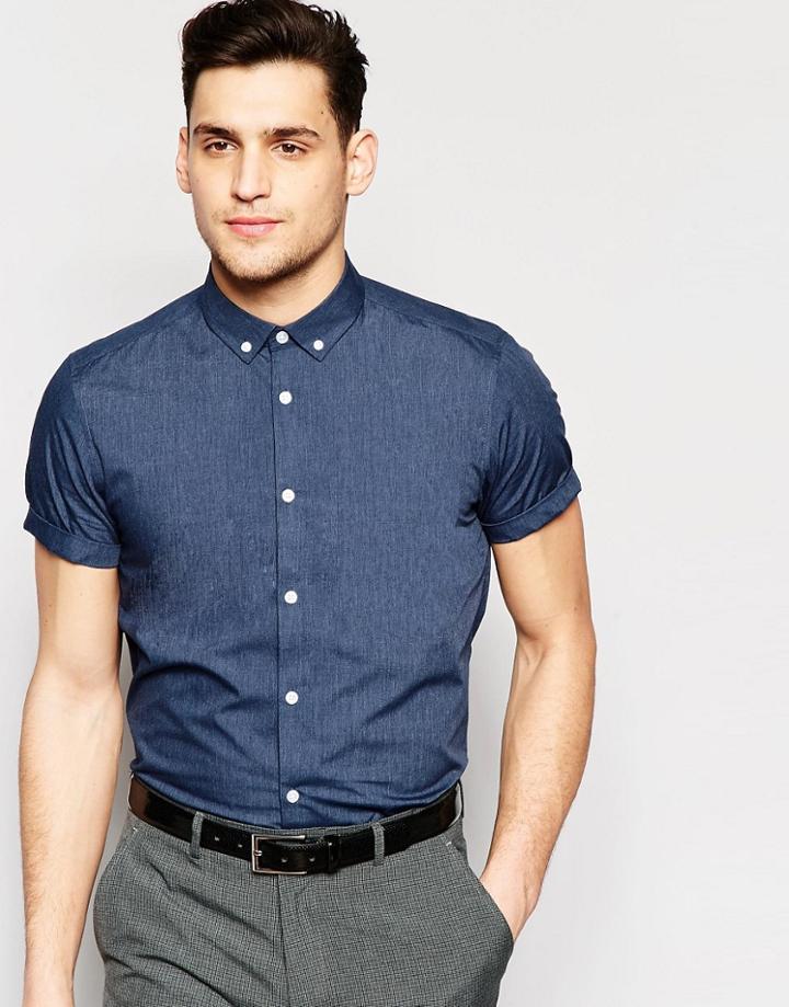 Asos Smart Shirt In Navy Marl With Button Down Collar In Regular Fit - Navy Marl